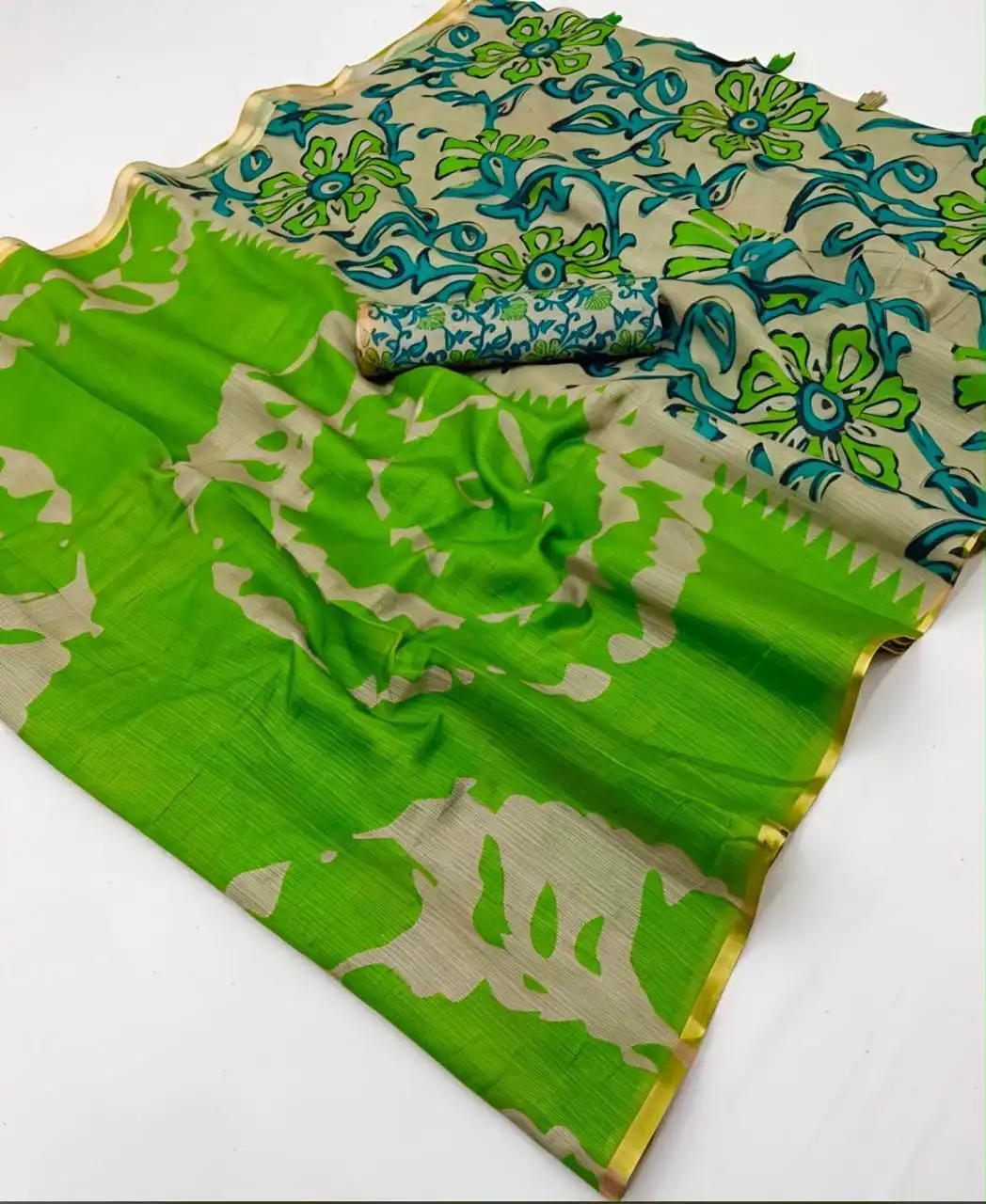 Linen Cotton All-Over Printed Contrast Pallu Saree